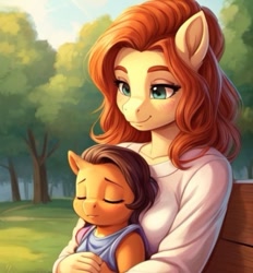 Size: 553x597 | Tagged: safe, ai content, derpibooru import, generator:stable diffusion, machine learning generated, anthro, clothes, cute, duo, eyes closed, female, foal, looking at someone, looking down, mare, mother and child, parent and child, prompter:chillyhooves, shirt, sleeping, smiling