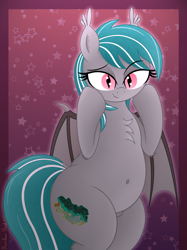 Size: 3016x4032 | Tagged: safe, artist:rainbowšpekgs, derpibooru import, oc, oc only, oc:malachite cluster, bat pony, pony, adorasexy, bat pony oc, belly, belly button, bipedal, chest fluff, chubby, cute, fangs, femboy, male, partially open wings, sexy, smiling, stallion, stars, wings