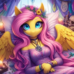 Size: 1024x1024 | Tagged: safe, ai content, machine learning generated, fluttershy, anthro, pegasus, bed, bracelet, candle, choker, clothes, dark room, female, floral head wreath, flower, flower in hair, hippieshy, human skull, indoors, jewelry, leaning, leaning back, looking at you, lying down, lying on bed, mare, on back, on bed, pentagram, pillow, shoulderless, skull, smiling, smiling at you, solo