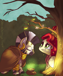 Size: 826x1000 | Tagged: safe, artist:atryl, derpibooru import, cherry jubilee, zecora, earth pony, pony, zebra, g4, 30 minute art challenge, bracelet, cherry blossoms, cloak, clothes, crying, ear piercing, earring, eyes closed, female, flower, flower blossom, jewelry, mare, neck rings, piercing, quadrupedal, tears of joy, teary eyes, tree, tree carving, zebra magic