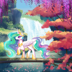 Size: 1800x1800 | Tagged: safe, artist:allegrenix, derpibooru import, princess celestia, alicorn, pony, g4, bridge, crown, ethereal mane, ethereal tail, falling leaves, female, flowing mane, flowing tail, folded wings, grass, hoof shoes, horn, jewelry, lake, leaves, mare, nature, outdoors, peytral, princess shoes, profile, raised hoof, raised leg, regalia, scenery, scenery porn, smiling, solo, sparkles, tail, tree, water, waterfall, wings