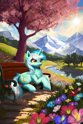 Size: 3600x5400 | Tagged: safe, artist:allegrenix, derpibooru import, lyra heartstrings, pony, unicorn, g4, absurd resolution, bench, chest fluff, crepuscular rays, female, flower, forest, grass, grass field, horn, mare, mountain, nature, outdoors, river, scenery, sitting, smiling, solo, sun, tree, water