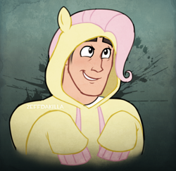 Size: 818x794 | Tagged: safe, artist:zeffdakilla, derpibooru import, part of a set, fluttershy, human, g4, bust, clothes, fluttershy hoodie, gradient background, hoodie, looking up, medic, pony hoodie, raised arm, smiling, solo, team fortress 2