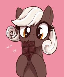 Size: 1830x2200 | Tagged: safe, artist:t72b, derpibooru exclusive, derpibooru import, oc, oc only, oc:savory truffle, earth pony, pony, chocolate, cute, eating, female, food, heart, hoof hold, mare, nom, ocbetes, pink background, simple background, solo