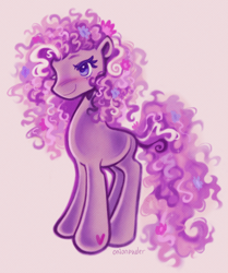 Size: 894x1070 | Tagged: safe, artist:onionpwder, derpibooru import, wysteria, earth pony, pony, g3, blushing, colored eyelashes, colored pinnae, curly hair, curly mane, curly tail, eyelashes, female, flower, flower in hair, flower in tail, heart, heart mark, long mane, long tail, mare, multicolored mane, multicolored tail, pink background, purple coat, purple eyes, signature, simple background, smiling, solo, standing, tail, tall, wingding eyes