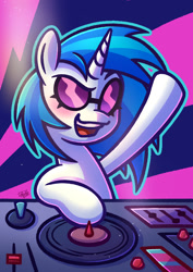 Size: 1240x1748 | Tagged: safe, alternate version, artist:doozoo, derpibooru import, dj pon-3, vinyl scratch, pony, unicorn, g4, abstract background, blushing, female, glasses, hoof in air, horn, mare, open mouth, open smile, signature, smiling, solo, turntable, vinyl's glasses