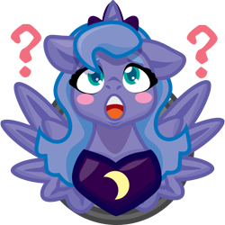 Size: 750x750 | Tagged: safe, artist:devorierdeos, derpibooru import, princess luna, alicorn, female, filly, foal, inspiration, jewelry, question mark, regalia, simple background, solo, spread wings, transparent background, wings, woona, younger