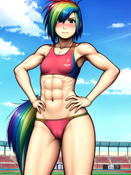 Size: 768x1024 | Tagged: safe, ai content, derpibooru import, generator:stable diffusion, machine learning generated, rainbow dash, human, g4, abs, bikini, breasts, clothes, colored, delicious flat chest, female, generator:pixai.art, humanized, muscles, muscular female, prompter:anonymous, race track, rainbow flat, rainbuff dash, small breasts, solo, sports, stadium, sweat, swimsuit, tail, tailed humanization, tankini, tomboy