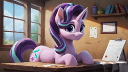 Size: 1920x1080 | Tagged: safe, ai content, derpibooru import, generator:pony diffusion v6 xl, generator:stable diffusion, machine learning generated, starlight glimmer, pony, unicorn, g4, female, high res, horn, indoors, looking at you, mare, office, prompter:truekry, smiling, smiling at you, solo, wallpaper, window