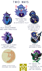 Size: 750x1250 | Tagged: safe, artist:devorierdeos, derpibooru import, nightmare moon, princess luna, oc, oc:nightseer, alicorn, fallout equestria, female, filly, foal, joke, meme, moon, prime minister luna, question mark, saint luna, text, woona, younger