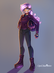 Size: 2204x2966 | Tagged: safe, artist:opal_radiance, derpibooru import, oc, oc only, oc:iron glamour, human, pegasus, biker, biker jacket, gradient background, humanized, jacket, solo