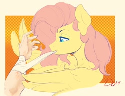 Size: 2472x1905 | Tagged: safe, alternate version, artist:thelunarmoon, derpibooru import, fluttershy, human, pegasus, pony, bandage, colored sketch, disembodied hand, female, hand, mare, mouth hold, offscreen character, sketch, solo focus