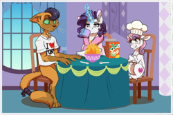 Size: 1772x1181 | Tagged: safe, artist:inuhoshi-to-darkpen, derpibooru import, capper dapperpaws, rarity, sweetie belle, abyssinian, anthro, cat, digitigrade anthro, pony, unicorn, g4, bathrobe, blushing, bowl, breakfast, cereal, cereal box, chair, cheek fluff, chef's hat, clothes, coffee, commission, cooking, crossed hooves, drink, drinking, ear fluff, ears, elbow fluff, eyebrows, eyebrows visible through hair, female, filly, fire, fluffy, foal, food, glowing, glowing horn, hat, hock fluff, horn, implied shipping, leg fluff, levitation, magic, male, mare, mug, neck fluff, rarity is not amused, robe, sheepish grin, shirt, shoulder fluff, siblings, simpsons did it, sisters, sitting, spoon, surprised, sweat, sweatdrop, sweetie belle can't cook, sweetie fail, table, tail, tail wrap, telekinesis, trio, unamused, unshorn fetlocks, wide eyes, window