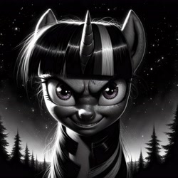 Size: 4096x4096 | Tagged: safe, ai content, derpibooru import, generator:bing image creator, generator:dall-e 3, machine learning generated, twilight sparkle, pony, unicorn, g4, absurd resolution, black and white, evil grin, grayscale, grin, horn, metal as fuck, monochrome, night, outdoors, prompter:enterusxrname, smiling, solo, stars, uncanny valley, upscaled