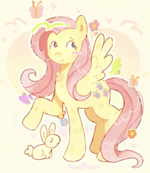 Size: 1400x1622 | Tagged: safe, artist:fortnightmast69, derpibooru import, fluttershy, butterfly, pegasus, pony, rabbit, abstract background, animal, female, mare, raised hoof, raised leg, solo, standing