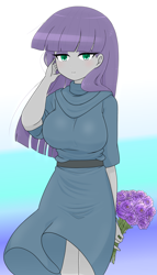 Size: 1618x2837 | Tagged: safe, artist:batipin, derpibooru import, maud pie, human, equestria girls, g4, bouquet, breasts, cute, female, flower, looking at you, maud pies, maudabetes, smiling, solo, when she smiles