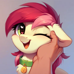 Size: 1024x1024 | Tagged: safe, ai content, derpibooru import, generator:pony diffusion v6 xl, generator:stable diffusion, machine learning generated, roseluck, human, pony, behaving like a cat, bust, collar, cute, fluffy, gradient background, hand, heart, heart eyes, offscreen character, offscreen human, one eye closed, pet tag, petting, pony pet, portrait, prompter:doom9454, rosepet, wingding eyes