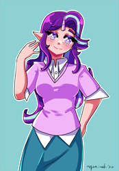 Size: 2437x3494 | Tagged: safe, artist:mylittleyuri, derpibooru import, starlight glimmer, human, blue background, blushing, clothes, cute, elf ears, female, glimmerbetes, horn, horned humanization, humanized, shirt, simple background, skirt, solo