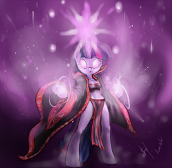 Size: 1128x1100 | Tagged: safe, alternate version, artist:atryl, derpibooru import, twilight sparkle, anthro, unguligrade anthro, g4, breasts, cloak, clothes, female, glowing, glowing eyes, glowing hands, jewelry, loincloth, magic, pendant, solo