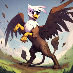 Size: 4096x4096 | Tagged: safe, ai content, derpibooru import, machine learning generated, gilda, griffon, bipedal, mud, playing, solo