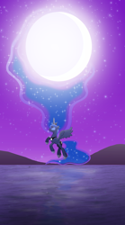 Size: 2194x3959 | Tagged: safe, artist:mr100dragon100, derpibooru import, princess luna, eyes closed, flying, impossibly large mane, moon, night, water