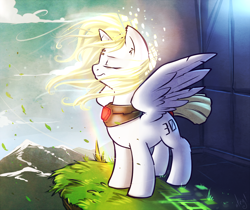 Size: 1000x839 | Tagged: safe, artist:atryl, derpibooru import, oc, oc only, oc:ceri, alicorn, pony, cliff, eyes closed, holographic mane, simulation, solo