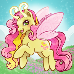 Size: 2400x2400 | Tagged: safe, artist:sparkytopia, derpibooru import, breezie, g3, antennae, dancing daffodil, fairy wings, female, green eyes, looking at you, mare, open mouth, pink mane, smiling, solo, wings, yellow coat