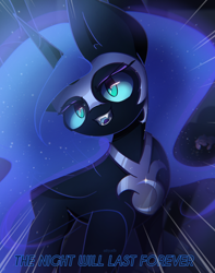 Size: 2050x2600 | Tagged: safe, artist:miryelis, derpibooru import, nightmare moon, alicorn, pony, friendship is magic, g4, armor, big ears, ears, female, glowing mane, mare, smiling, solo, standing, text, the night will last forever