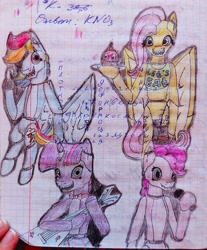 Size: 2896x3506 | Tagged: safe, artist:destiny_manticor, derpibooru import, fluttershy, pinkie pie, rainbow dash, twilight sparkle, pegasus, robot, semi-anthro, unicorn, g4, animatronic, cupcake, female, five nights at freddy's, flutterchica, food, foxy dash, high res, horn, lined paper, looking at you, old art, sharp teeth, simple background, sketch, teeth, traditional art, twibon