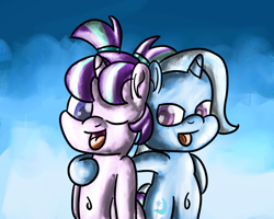 Size: 3000x2400 | Tagged: safe, artist:saburodaimando, derpibooru import, starlight glimmer, trixie, pony, unicorn, belly button, bipedal, duo, female, filly, filly starlight glimmer, filly trixie, foal, high res, horn, one eye closed, pigtails, starlight glimmer day, wink, younger