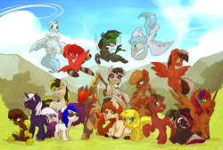 Size: 2000x1351 | Tagged: safe, artist:atryl, derpibooru import, oc, oc only, oc:ticket, alicorn, changeling, earth pony, pony, unicorn, armor, bipedal, bronycon 2013, clothes, flying, group, horn, oc name needed, scythe, sitting, smiling, socks, spread wings, standing, striped socks, sunglasses, wings