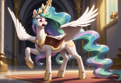 Size: 1216x832 | Tagged: safe, ai content, derpibooru exclusive, derpibooru import, machine learning generated, princess celestia, alicorn, pony, g4, blushing, book, canterlot castle, crown, female, hallway, hoof shoes, indoors, jewelry, levitation, looking at something, magic, mare, muscles, open mouth, prompter:awesom3n3ss, raised leg, regalia, shocked, solo, spread wings, sternocleidomastoid, telekinesis, wings