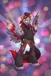 Size: 866x1300 | Tagged: safe, artist:atryl, derpibooru import, oc, oc only, anthro, pegasus, unguligrade anthro, clothes, colored feathertips, eyebrows, grin, hoodie, male, pants, raised eyebrow, respirator, smiling, solo, spread wings, thumbs up, wings