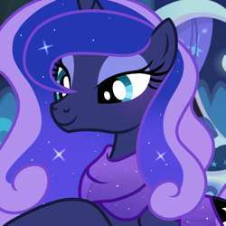Size: 1080x1082 | Tagged: safe, artist:cstrawberrymilk, derpibooru import, princess luna, alicorn, pony, alternate hairstyle, bust, closed mouth, clothes, ethereal mane, eyeshadow, female, gradient mane, lidded eyes, makeup, mare, missing accessory, portrait, scarf, show accurate, smiling, solo, sparkly mane, teal eyes