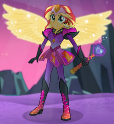 Size: 1000x1084 | Tagged: safe, artist:emeraldblast63, derpibooru import, ray, sunset shimmer, gecko, human, equestria girls, g4, artificial wings, augmented, boots, clothes, crystal heart, cute, denim, gloves, heart, high heel boots, jeans, leopard gecko, magical girl, pants, señor g. echo, shimmerbetes, shoes, solo, wand, wings