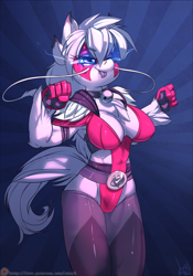 Size: 840x1200 | Tagged: safe, artist:atryl, derpibooru import, oc, oc only, oc:nhala, anthro, dragon, earth pony, hybrid, :p, abstract background, barbel, bell, bell collar, bicep flex, breasts, chinese dragon, cleavage, clothes, collar, eye mist, female, muscles, muscular female, solo, superhero, tongue, tongue out