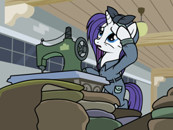 Size: 2048x1536 | Tagged: safe, derpibooru import, rarity, pony, unicorn, .svg available, alternate timeline, budge studios, clothes, crystal war timeline, female, hairband, horn, jumpsuit, mare, my little pony color by magic, official, rarity the riveter, sewing machine, solo, svg, vector, wiping brow