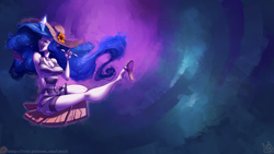 Size: 5760x3240 | Tagged: safe, alternate version, artist:atryl, derpibooru import, princess luna, human, g4, abstract background, absurd resolution, big breasts, board, breasts, cleavage, clothes, crystal, devil horn (gesture), dress, eyes closed, female, floating wings, hat, humanized, magic, open mouth, princess balloona, sandals, singing, sitting, solo, sun hat, wallpaper, wings