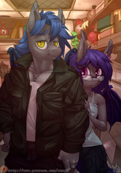 Size: 3500x5000 | Tagged: safe, artist:atryl, derpibooru import, oc, oc only, oc:dusk rhine, oc:racket rhine, anthro, bat pony, absurd resolution, anthro oc, bat pony oc, brother and sister, clothes, cute, duo, female, glasses, jacket, looking at you, male, mare, nervous, potion, rule 63, shop, siblings, smiling, stallion