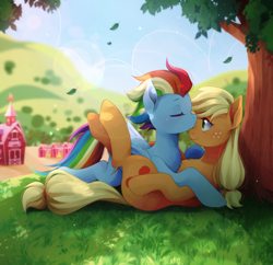 Size: 2048x1986 | Tagged: safe, artist:applesartt, derpibooru import, applejack, rainbow dash, earth pony, pegasus, pony, g4, the last problem, appledash, colored eyebrows, duo, duo female, eyebrows, eyes closed, falling leaves, female, folded wings, freckles, grass, hatless, high res, kissing, leaves, legs in air, lesbian, lying down, mare, missing accessory, older, older appledash, older applejack, older rainbow dash, on back, outdoors, shipping, signature, smiling, snuggling, sweet apple acres, tree, wings