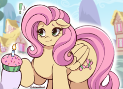 Size: 2303x1669 | Tagged: safe, artist:artmorheart, derpibooru import, fluttershy, pegasus, pony, g4, adorasexy, background, birthday, cake, cute, food, offscreen character, sexy, smiling, wings