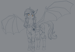 Size: 2311x1594 | Tagged: safe, artist:stray prey, derpibooru import, oc, oc only, oc:flare, bat pony, pony, bat pony oc, bat wings, clothes, female, knee pads, mare, smiling, solo, spread wings, uniform, wings