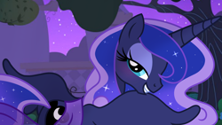 Size: 1920x1080 | Tagged: safe, artist:cstrawberrymilk, derpibooru import, princess luna, alicorn, pony, g4, blushing, butt, female, grin, looking at you, looking back, looking back at you, mare, missing accessory, night, plot, seductive look, smiling, smiling at you, solo