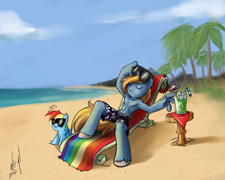 Size: 1500x1200 | Tagged: safe, alternate version, artist:atryl, derpibooru import, rainbow dash, oc, oc:sonik, anthro, earth pony, unguligrade anthro, alcohol, beach, beach chair, chair, cocktail, deal with it, drink, eyes closed, glass, holding, lying down, male, mojito, ocean, on back, plushie, reaching, sunglasses, table, water