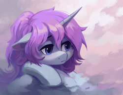 Size: 2326x1800 | Tagged: safe, artist:koviry, derpibooru import, oc, oc only, oc:blithe, pony, unicorn, abstract background, blue eyes, bust, colored pinnae, commission, crossed hooves, digital painting, ears, female, floppy ears, frown, horn, lidded eyes, looking away, mare, ponytail, portrait, purple mane, sad, unicorn horn, unicorn oc, wingding eyes