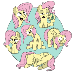 Size: 2620x2620 | Tagged: safe, artist:doodledonutart, derpibooru import, fluttershy, pegasus, pony, g4, behaving like a cat, coffee mug, lidded eyes, looking at you, lying down, messy mane, missing cutie mark, mug, on side, open mouth, scared, simple background, sleeping, smiling, tired, wavy mouth, white background, wing hands, wings