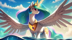 Size: 2560x1440 | Tagged: safe, ai content, derpibooru import, machine learning generated, princess celestia, alicorn, bird, pony, seagull, bubble, cloud, crown, female, glowing, glowing horn, head turn, horn, jewelry, looking to side, looking to the right, looking up, mare, ocean, peytral, prompter:mr-bat, regalia, smiling, solo, spread wings, tiara, wading, water, wings