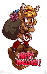 Size: 2512x3952 | Tagged: safe, artist:atryl, derpibooru import, oc, oc only, oc:beach ball, anthro, earth pony, anthro oc, antlers, bag, chimney, christmas, clothes, female, happy holidays, high res, holiday, mare, red nose, santa sack, simple background, smiling, solo, transparent background