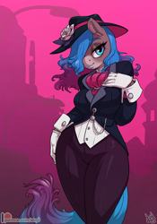 Size: 2800x4000 | Tagged: safe, artist:atryl, derpibooru import, oc, oc only, oc:fairy floss, anthro, earth pony, abstract background, anthro oc, city, clothes, commission, cravat, cuffs (clothes), digital art, female, flower, gloves, hair over one eye, hat, high res, patreon, patreon logo, smiling, solo, suit, vest