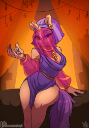 Size: 2800x4000 | Tagged: safe, artist:atryl, derpibooru import, oc, oc only, oc:oasis shade, anthro, unicorn, ankh, anthro oc, bedroom eyes, breasts, caravan, cleavage, clothes, dice, ear piercing, earring, egyptian, female, high res, horn, jewelry, looking at you, mare, necklace, patreon, patreon logo, piercing, sitting, solo, veil, wide hips